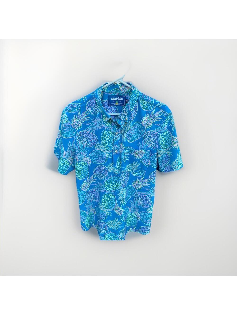 Chubbies Polo Shirt Mens M Blue White Stretch Hawaiian Pineapple Short Sleeve